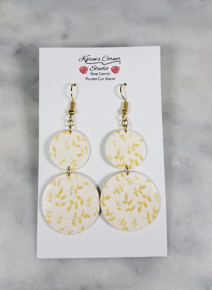 L White Double Circle Gold Leaf Dangle Handmade Earrings