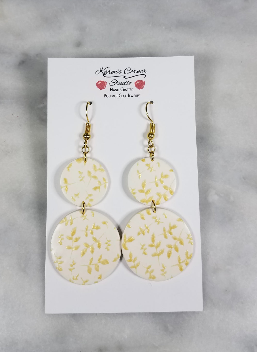 Large White Double Circle Gold Leaf Dangle Earrings