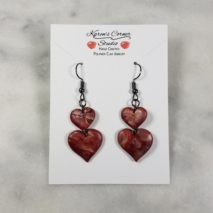Rose Gold/Copper/Burgundy Double Heart Dangle Handmade Earrings