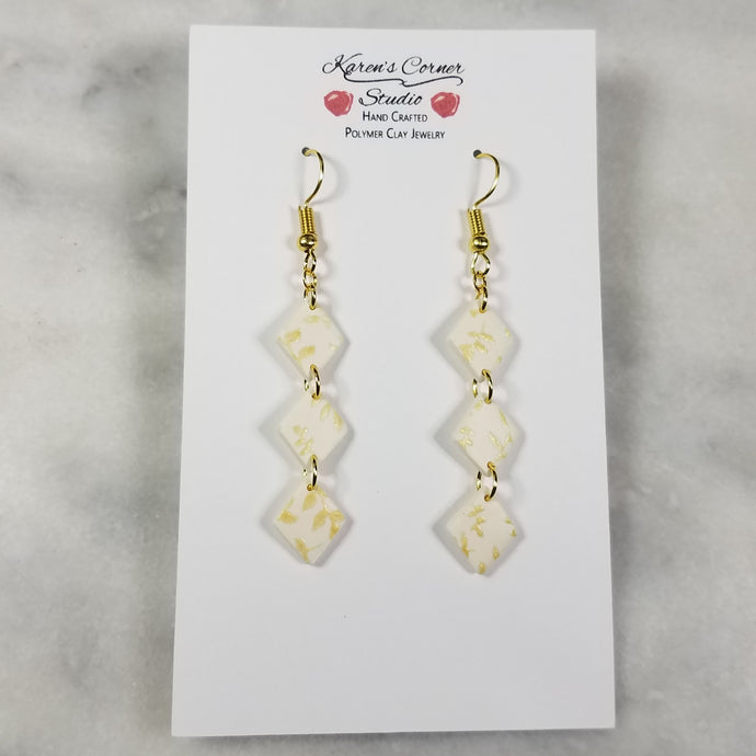 White Mini-Diamond Gold Leaf Dangle Handmade Earrings