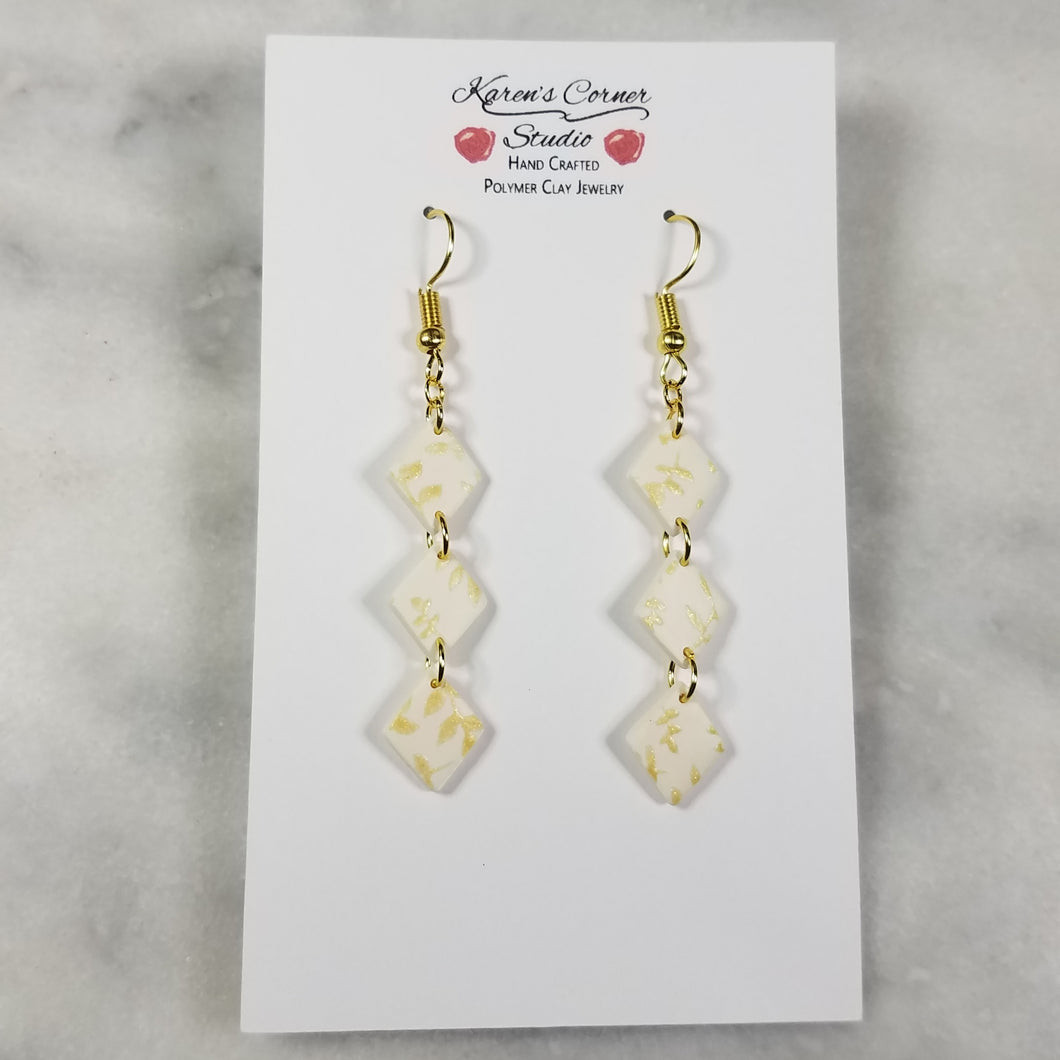 White Mini-Diamond Gold Leaf Dangle Earrings