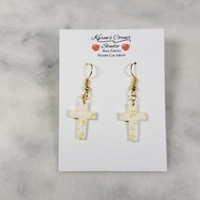Load image into Gallery viewer, White Cross Gold Leaf Dangle Earrings
