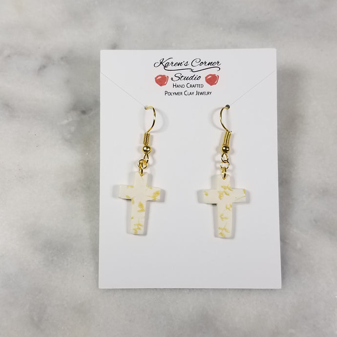 White Cross Gold Leaf Dangle Handmade Earrings