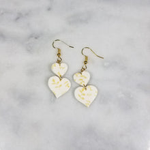 Load image into Gallery viewer, White Double Heart Gold Leaf Dangle Handmade Earrings
