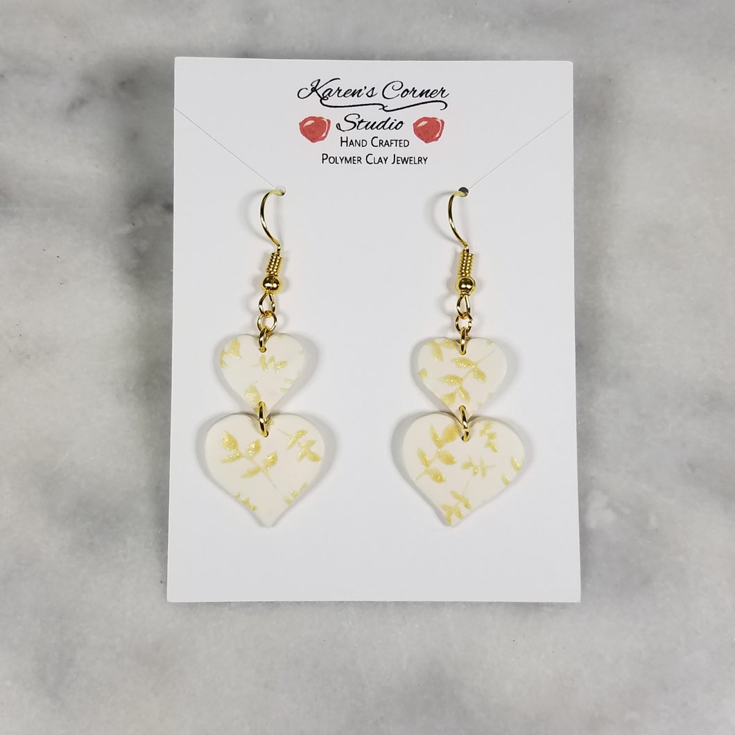 White Double Heart Gold Leaf Dangle Earrings