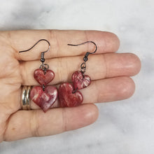 Load image into Gallery viewer, Rose Gold/Copper/Burgundy Double Heart Dangle Handmade Earrings

