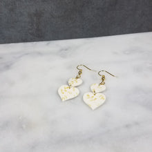 Load image into Gallery viewer, White Double Heart Gold Leaf Dangle Earrings
