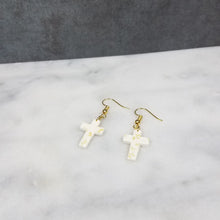 Load image into Gallery viewer, White Cross Gold Leaf Dangle Earrings
