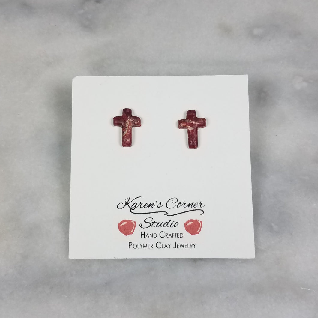 Rose Gold/Copper/Burgundy Cross Stud Earrings