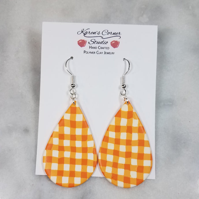 Teardrop Orange Plaid Dangle Handmade Earrings