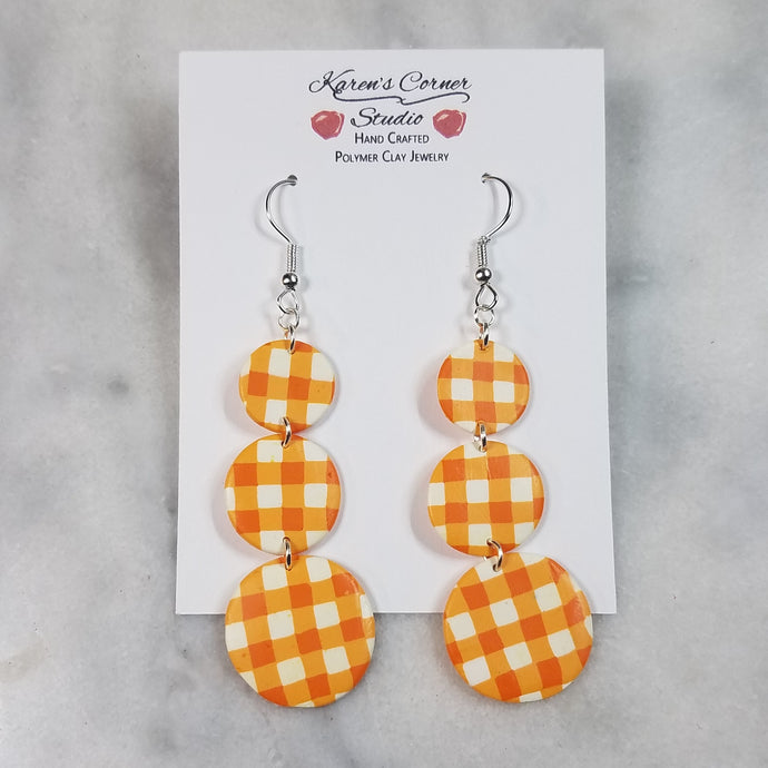 Triple Circle Orange Plaid Dangle Handmade Earrings