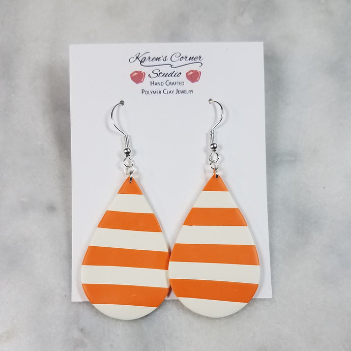 Teardrop Orange and White Stripe Dangle Handmade Earrings