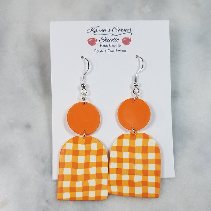 Closed Arch Plaid and Solid Orange Circle Dangle Handmade Earrings