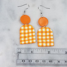 Load image into Gallery viewer, Closed Arch Plaid and Solid Orange Circle Dangle Handmade Earrings
