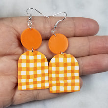 Load image into Gallery viewer, Closed Arch Plaid and Solid Orange Circle Dangle Handmade Earrings
