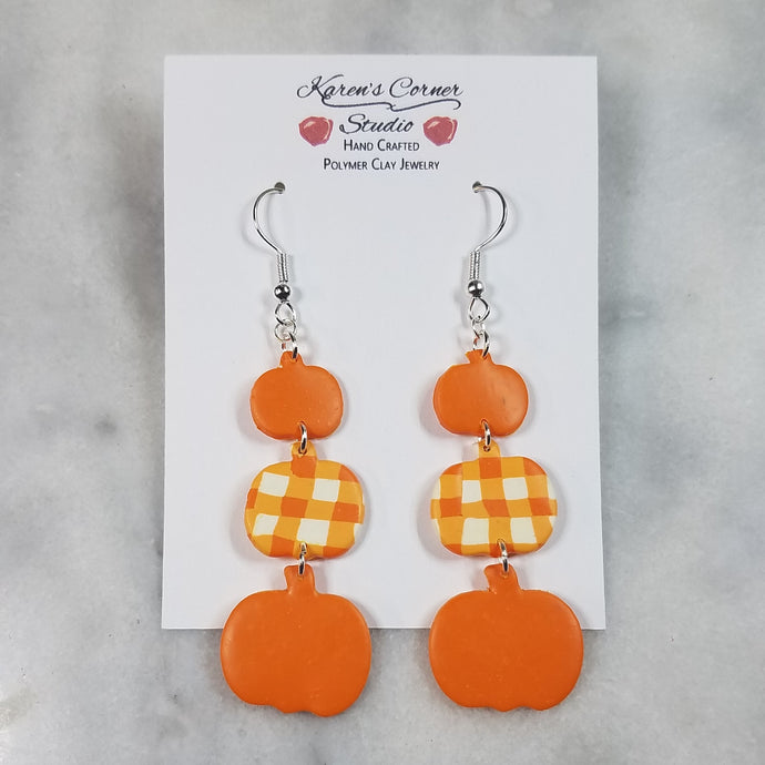 S, M, L Pumpkin Plaid and Orange Dangle Handmade Earrings