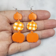 Load image into Gallery viewer, S, M, L Pumpkin Plaid and Orange Dangle Handmade Earrings
