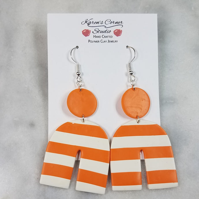 Arch With Circle Orange and White Stripe Dangle Handmade Earrings
