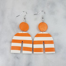 Load image into Gallery viewer, Arch With Circle Orange and White Stripe Dangle Handmade Earrings
