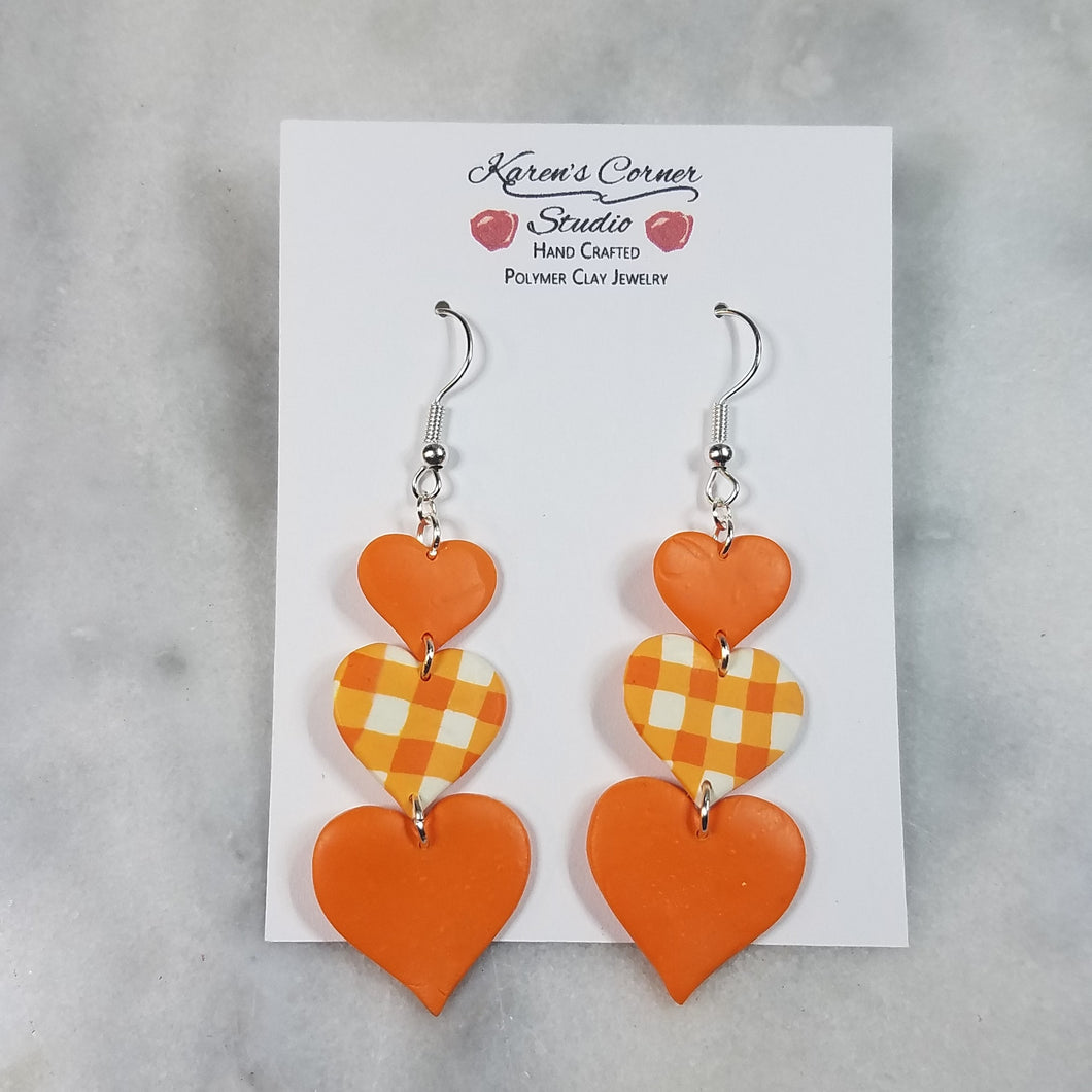 Small, Medium, Large Heart Plaid and Orange Dangle Earrings