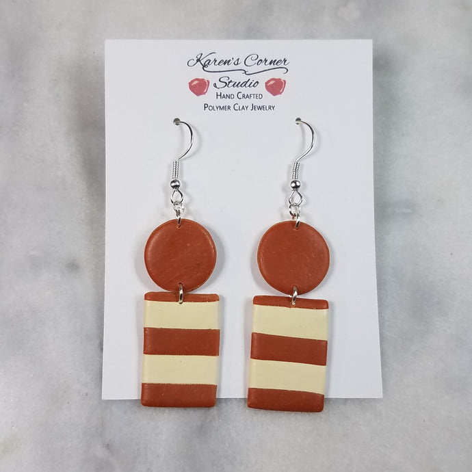 Circle/Rectangle Almond and Ivory Stripe Dangle Handmade Earrings