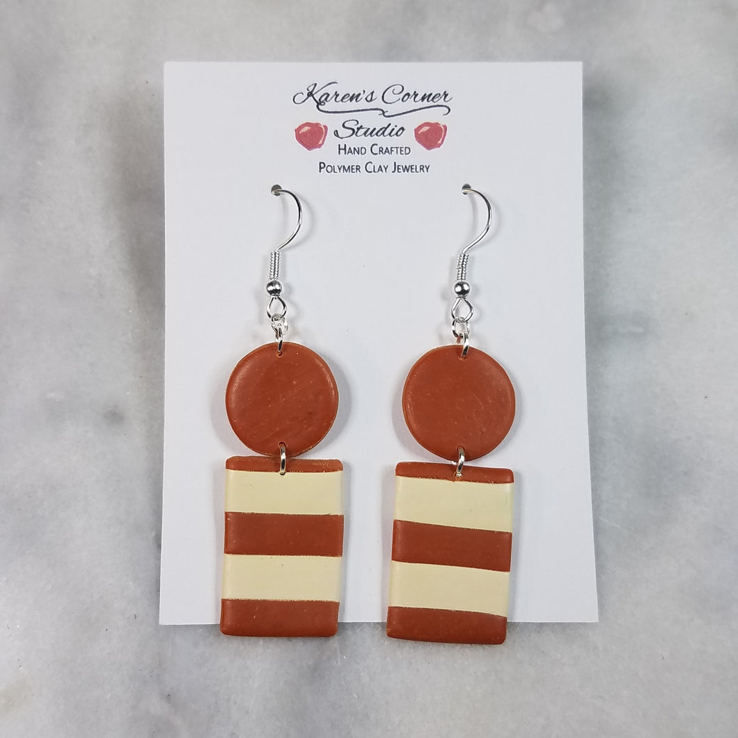 Circle/Rectangle Almond and Ivory Stripe Dangle Earrings