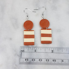 Load image into Gallery viewer, Circle/Rectangle Almond and Ivory Stripe Dangle Handmade Earrings
