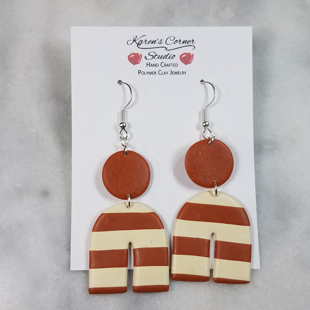 Circle/Arch Shaped Almond and Ivory Stripe Dangle Earrings