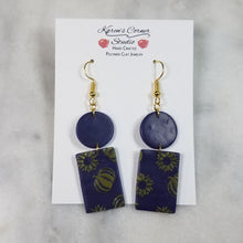 Load image into Gallery viewer, Circle and Rectangle, Navy Blue/Yellow with Sunflower &amp; Pumpkin Dangle Handmade Earrings
