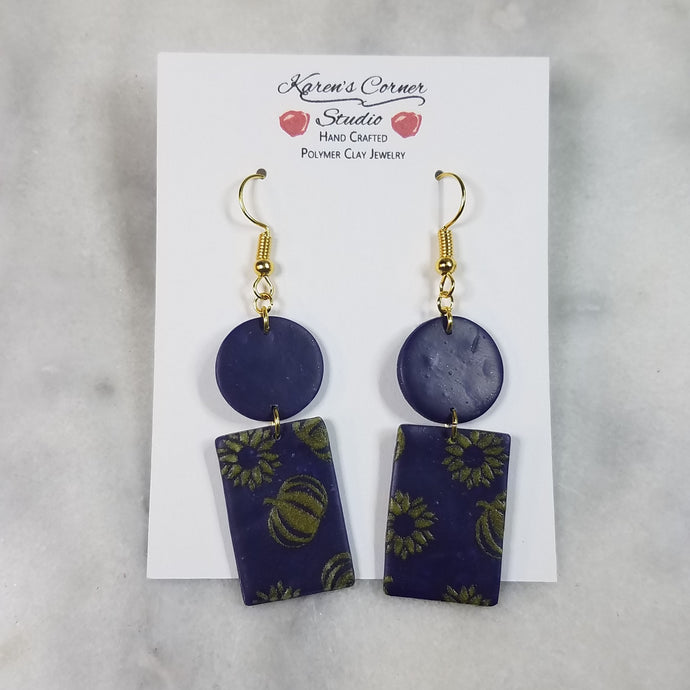 Circle and Rectangle, Navy Blue/Yellow with Sunflower & Pumpkin Dangle Handmade Earrings