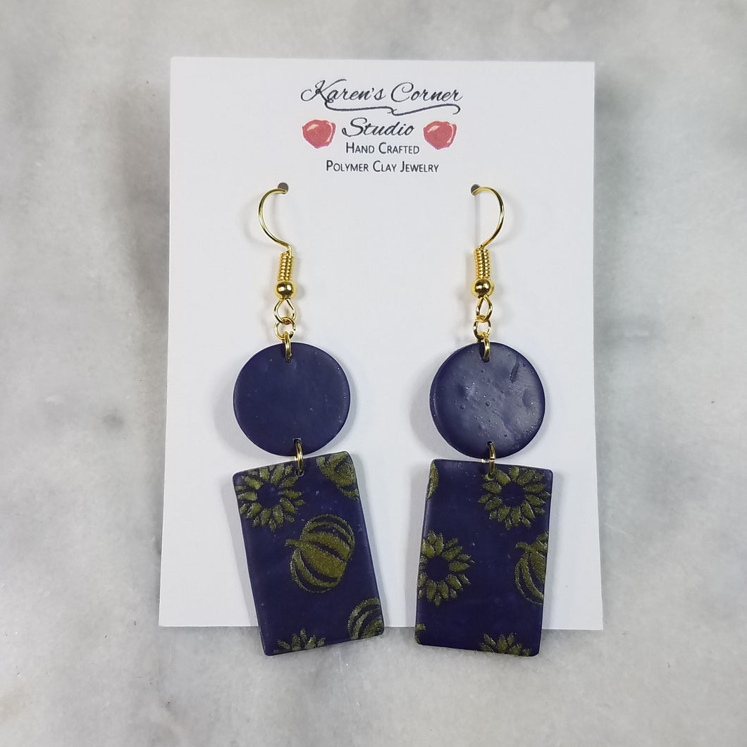 Circle and Rectangle, Navy Blue/Yellow with Sunflower & Pumpkin Dangle Earrings