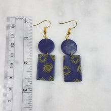 Load image into Gallery viewer, Circle and Rectangle, Navy Blue/Yellow with Sunflower &amp; Pumpkin Dangle Handmade Earrings
