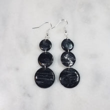 Load image into Gallery viewer, Triple Circle Black and Silver Glazed Dangle Handmade Earrings
