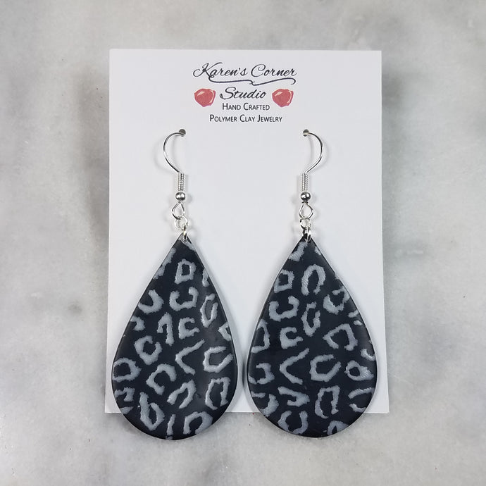 Teardrop Black and White Leopard Print Dangle Handmade Earrings
