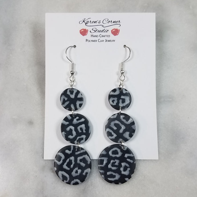 Triple Circle Black and White Leopard Print Dangle Handmade Earrings