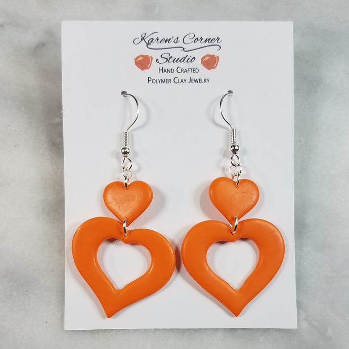 Open Double Heart Orange Dangle Handmade Earrings
