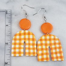 Load image into Gallery viewer, Solid Orange Circle with Plaid Arch Dangle Handmade Earrings

