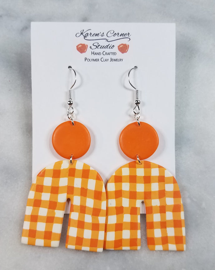 Solid Orange Circle with Plaid Arch Dangle Handmade Earrings