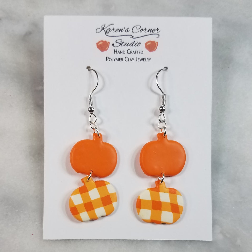 Double Medium Pumpkin In Plaid and Solid Orange Dangle Handmade Earrings