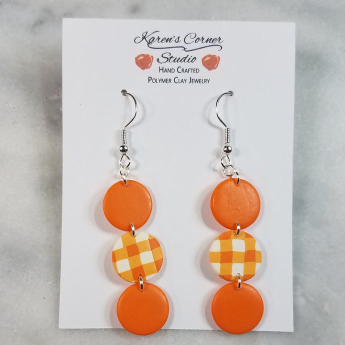 Triple Circle Orange and Plaid Dangle Handmade Earrings