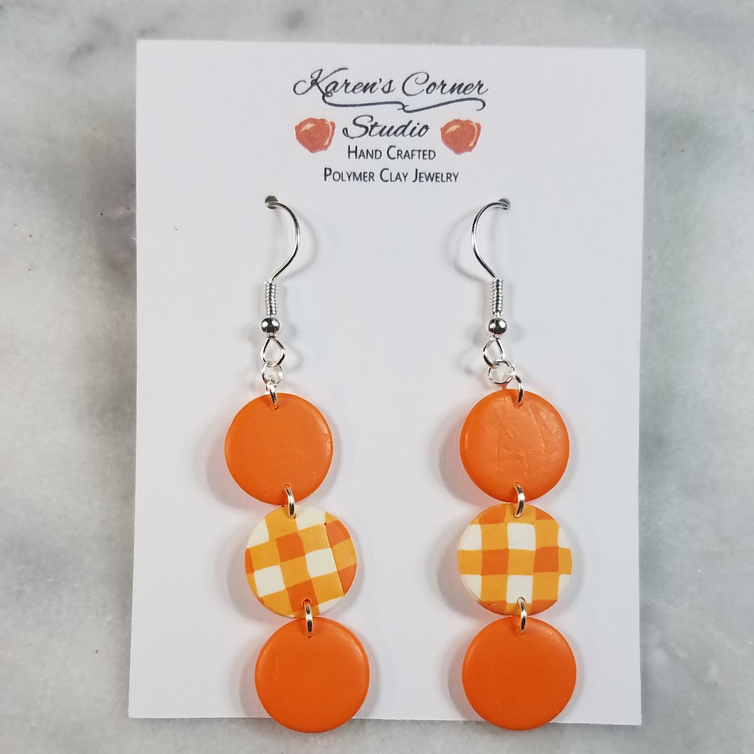 Triple Circle Orange and Plaid Dangle Earrings