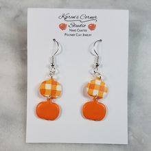 Load image into Gallery viewer, Double S Pumpkin Plaid and Solid Orange Dangle Handmade Earrings
