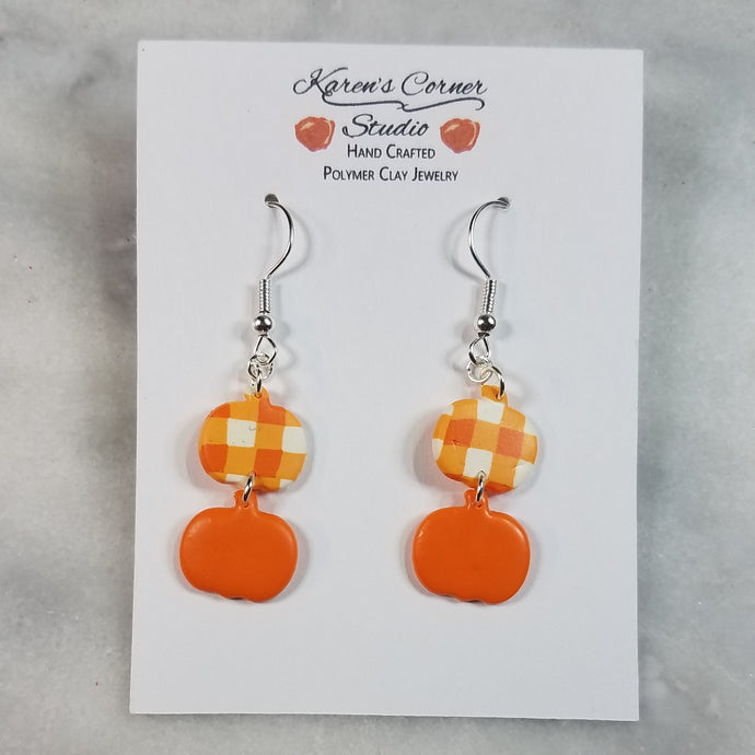 Double S Pumpkin Plaid and Solid Orange Dangle Handmade Earrings