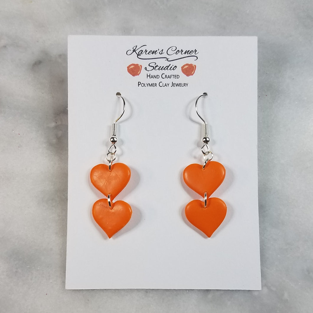 Double Small Heart Solid Orange Dangle Handmade Earrings