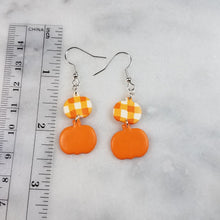 Load image into Gallery viewer, Double S and M Pumpkin In Plaid and Solid Orange Dangle Handmade Earrings
