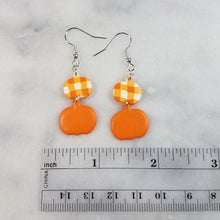 Load image into Gallery viewer, Double S and M Pumpkin In Plaid and Solid Orange Dangle Handmade Earrings
