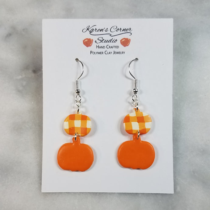 Double S and M Pumpkin In Plaid and Solid Orange Dangle Handmade Earrings