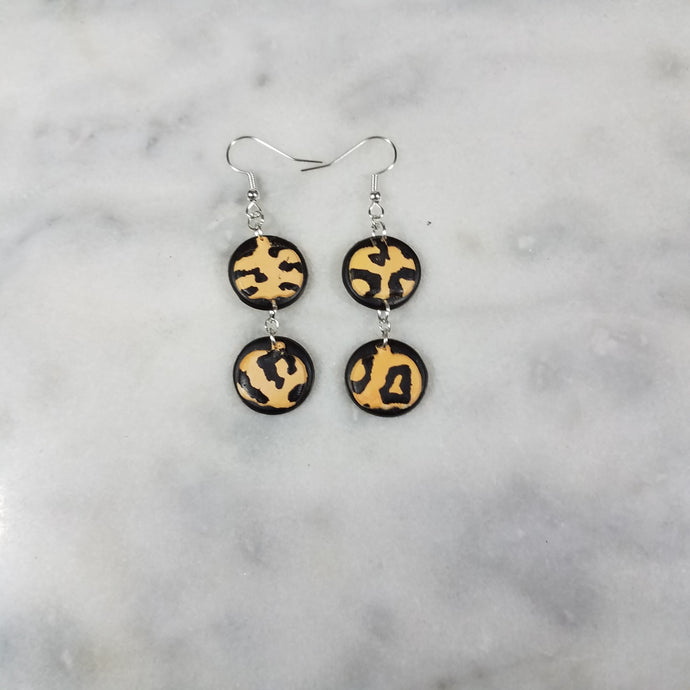 S Double Circle with a S Pumpkin Black Leopard Print Dangle Handmade Earrings