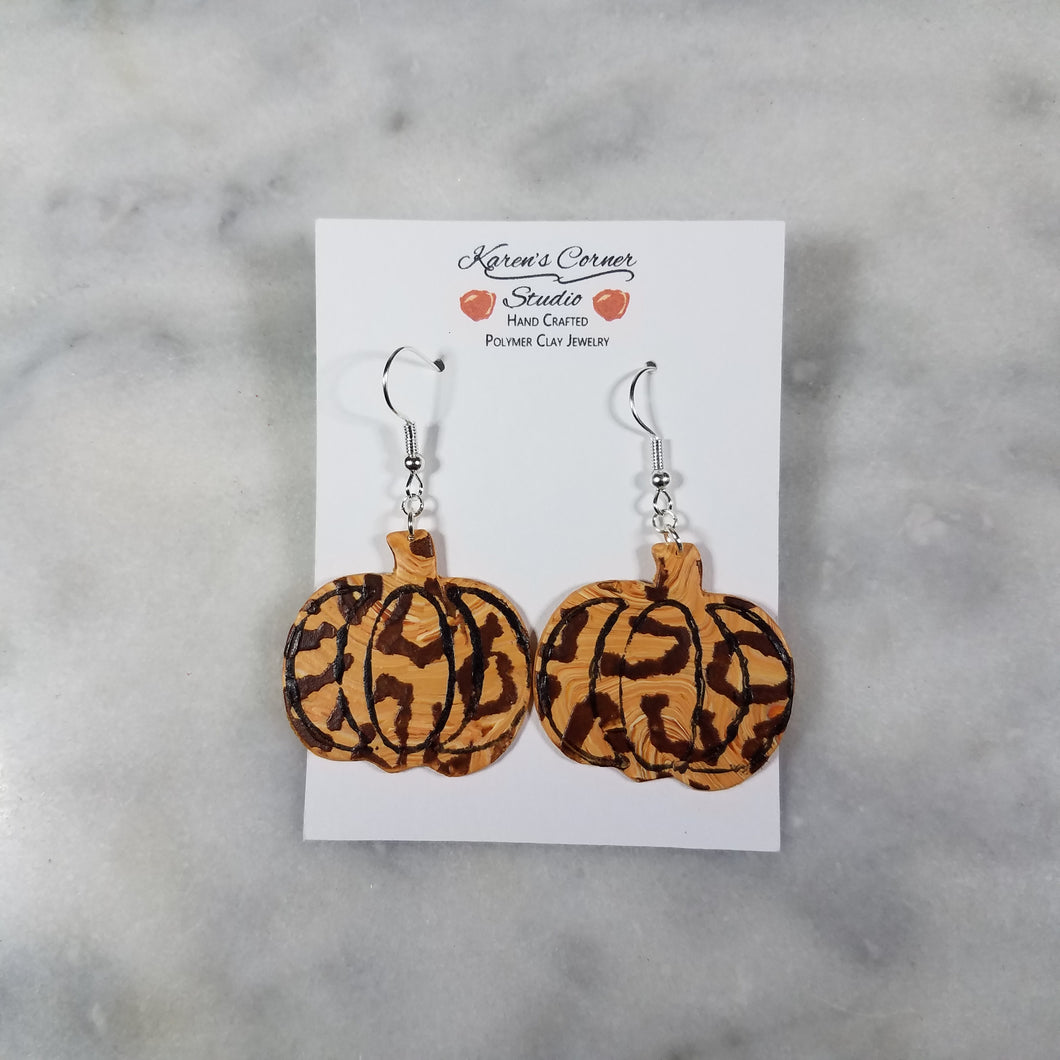 Wide Peach Pumpkin with Brown Leopard Print Dangle Handmade Earrings