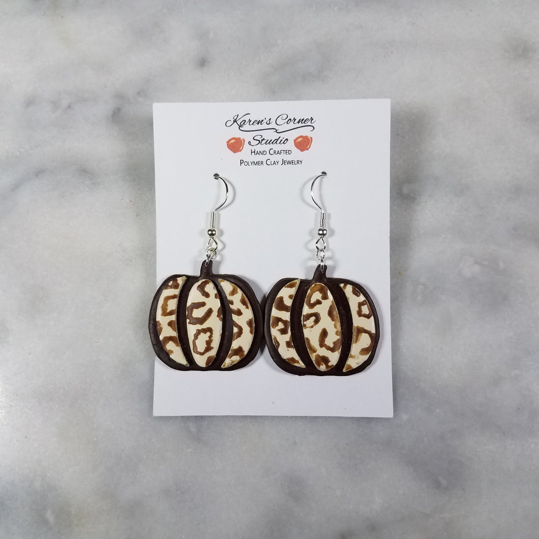 Tall Brown Pumpkin with Brown and Ivory Leopard Print Dangle Handmade Earrings